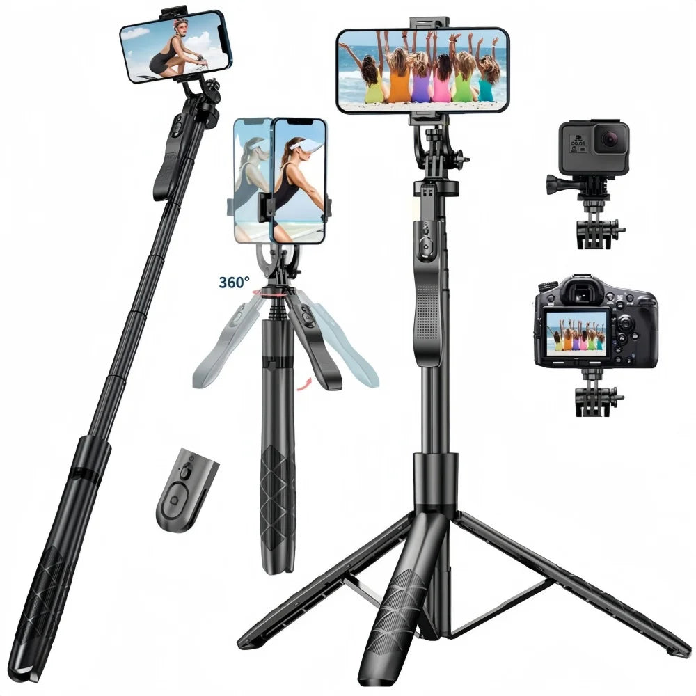 1.55m Extendable Wireless Selfie Stick Tripod with Bluetooth Remote for iPhone Android GoPro,360°Rotation Phone Stand for Videos