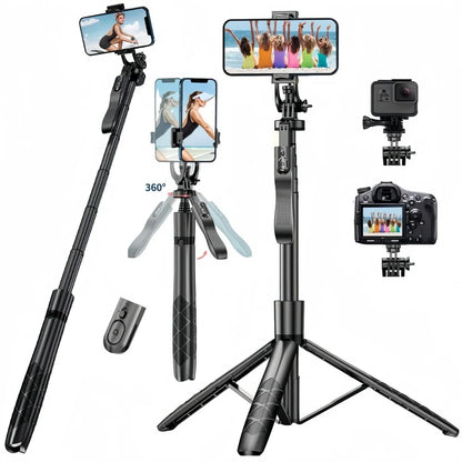 1.55m Extendable Wireless Selfie Stick Tripod with Bluetooth Remote for iPhone Android GoPro,360°Rotation Phone Stand for Videos