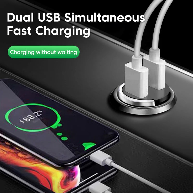 200W Dual USB Car Charger Fast Charging Pull Ring Car Phone Charger Adapter For iPhone Samsung Huawei Xiaomi Cigarette Lighter