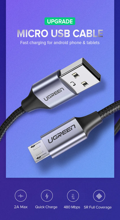 Ugreen Micro USB Cable 2A Nylon Fast Charging USB Cable for Samsung Xiaomi HTC USB Charger Data Cable Mobile Phone Cable