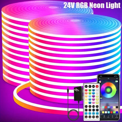 24V Neon Rgb Led Strip Light Remote Control Waterproof Outdoor 5M 10M 15M 20 Meter 30M Led Flexible Neon Rope Ribbon Tape Band