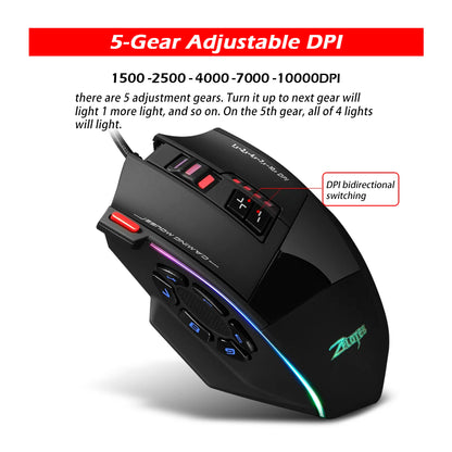 ZELOTES C13 Wired Mouse 10000DPI Programmable Gaming Mouse 13 Buttons RGB Light Laser Mouse for Gamer Computer PC Laptop