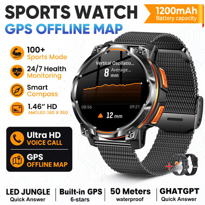 New Technology 2026 Offline Map GPS Smart Watch Men 1200mAh Battery Waterproof Compass Altimeter 100+Sports Military Smart Watch