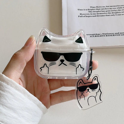 Cute Cartoon Sunglasses Cat Earphone Case For Airpods Pro 2 Bluetooth Headphone Cover For AirPods 4 3 2 Protective Case Keychin