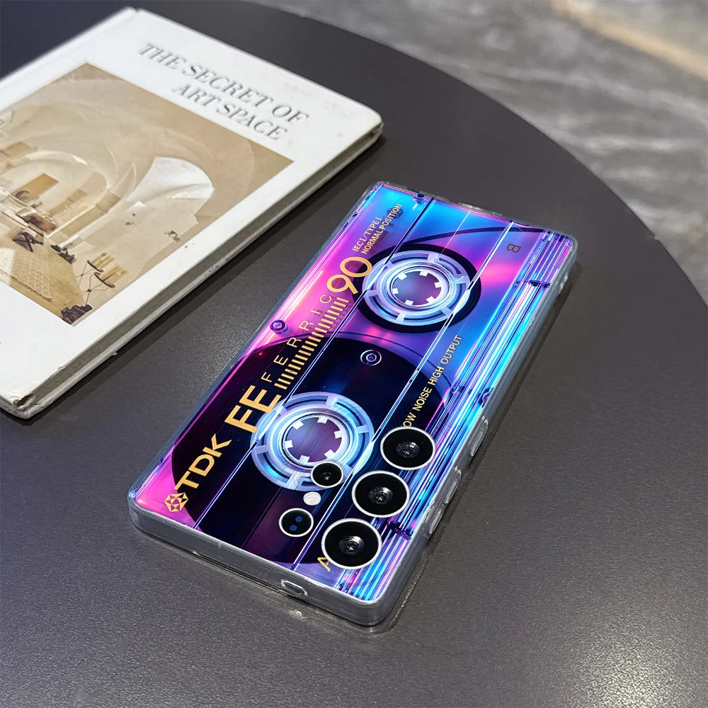 Neon Glow Cassette Clear Soft TPU Back Cover For Samsung Galaxy S26 S25 S24 FE A15 A55 A57 Shockproof Phone Case