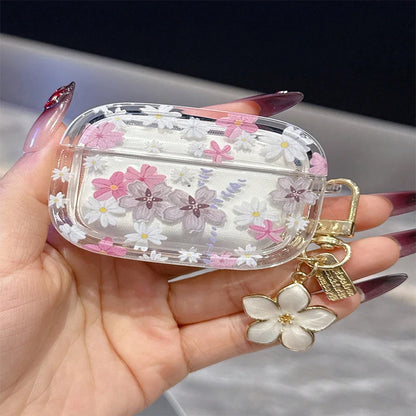 Pink Flowers Pattern Wireless Bluetooth Case for AirPods 4 3 1/2 AirPod Pro and Pro2 Case TPU  Headset Protective Cover with Hoo