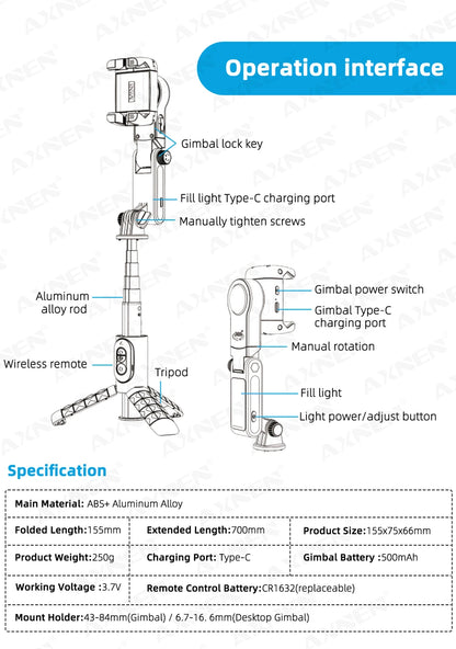 360 Rotation Following Shooting Mode Gimbal Stabilizer Selfie Stick Tripod Gimbal For iPhone Phone Smartphone Live Photography