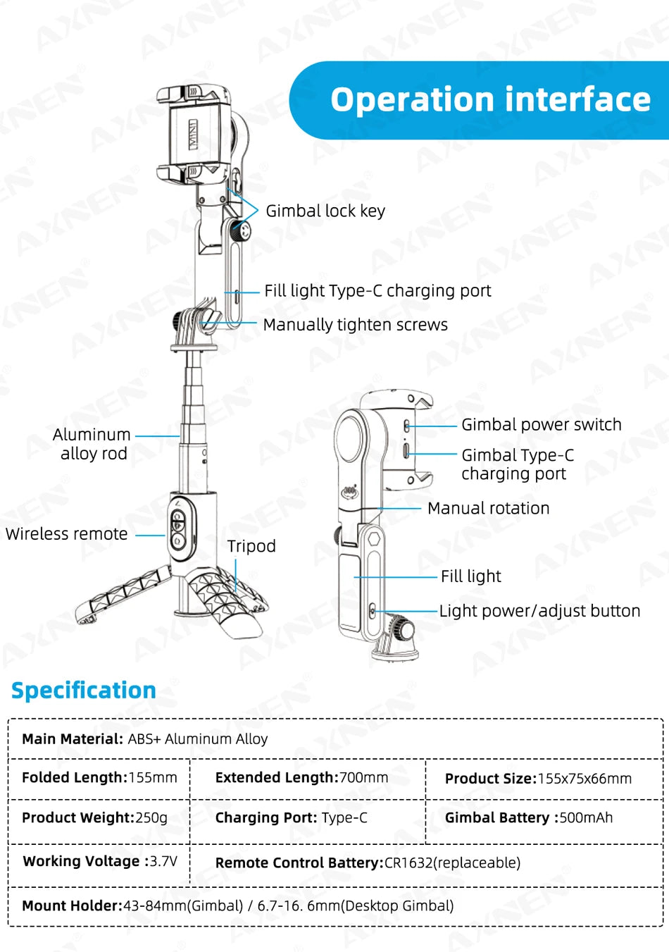 360 Rotation Following Shooting Mode Gimbal Stabilizer Selfie Stick Tripod Gimbal For iPhone Phone Smartphone Live Photography