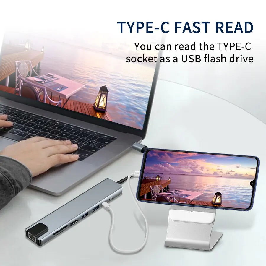USB C HUB 4K30Hz Docking Station 8-IN-1 USB 3.0 Splitter Type C to RJ45 SD/TF Card Reader for MacBook Notebook Laptop Computer