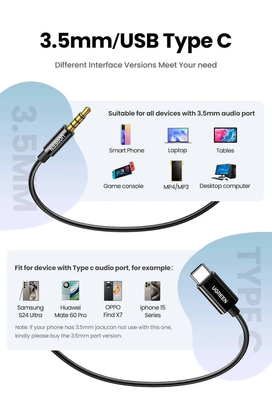 UGREEN Semi-open 3.5mm USB Type C Wired Earbuds with Microphone, Wired Earphones Headphones HiFi Stereo,For Most with 3.5mm Jack