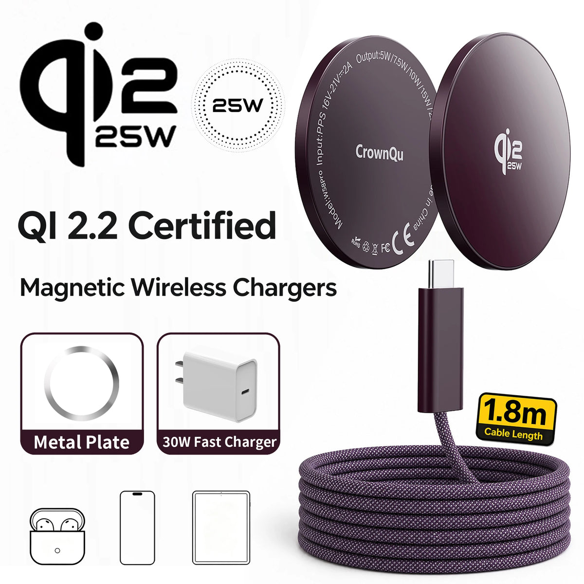 Qi2.2 Magnetic Charger 25W Magnetic Induction Fast Charging For Macsafe IPhone18 17 16 15 14 12ProMax‌ 5W Airpods Xiaomi Samsung