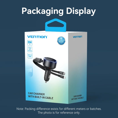 Vention 60W Retractable Car Charger 3 in 1 PD 30W QC 3.0 Fast Charging for iPhone 17 16 Samsung Tablet Cord Cigarette Adapter