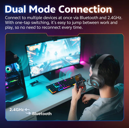 QCY Heroad V200 Gaming Over Ear Headphone Wireless Bluetooth 6.0 with Mic 50mm Driver 7.1 Surround Sound Dynamic EQ RGB Headset