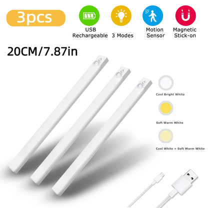 3pcs LED Motion Sensor - Dimmable Cabinet Lights, USB Rechargeable,3Color Modes,Night Light, for Bedroom,Staircase, Kitchen,Room