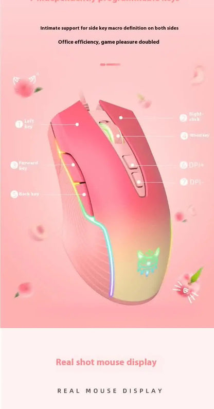 RGB Gaming Mouse Pink Cute Mouse 6400 DPI Wired Optical Mouse with Cool Lighting Mice for Home Office Notebook PC