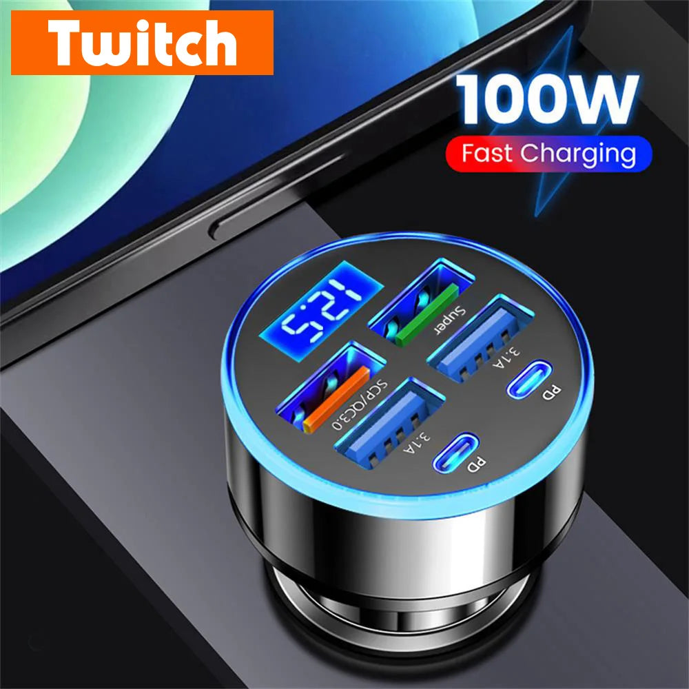 100W 6 Ports Car Charger Fast Charging 4USB 2PD Type C Car Phone Charger Adapter For iPhone Samsung Huawei Xiaomi Phone in Car