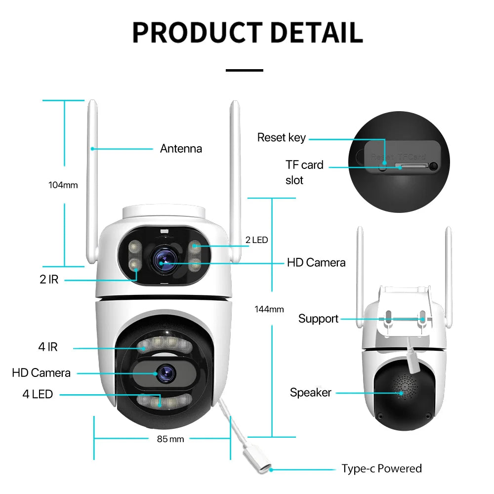 8MP 4K HD Wifi PTZ Camera ICsee APP Dual Lens Dual Screens Video Surveillance IP Camera Ai Tracking Outdoor Home Security CCTV