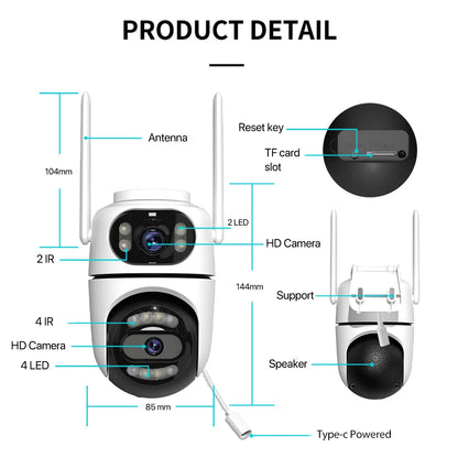 8MP 4K HD Wifi PTZ Camera ICsee APP Dual Lens Dual Screens Video Surveillance IP Camera Ai Tracking Outdoor Home Security CCTV