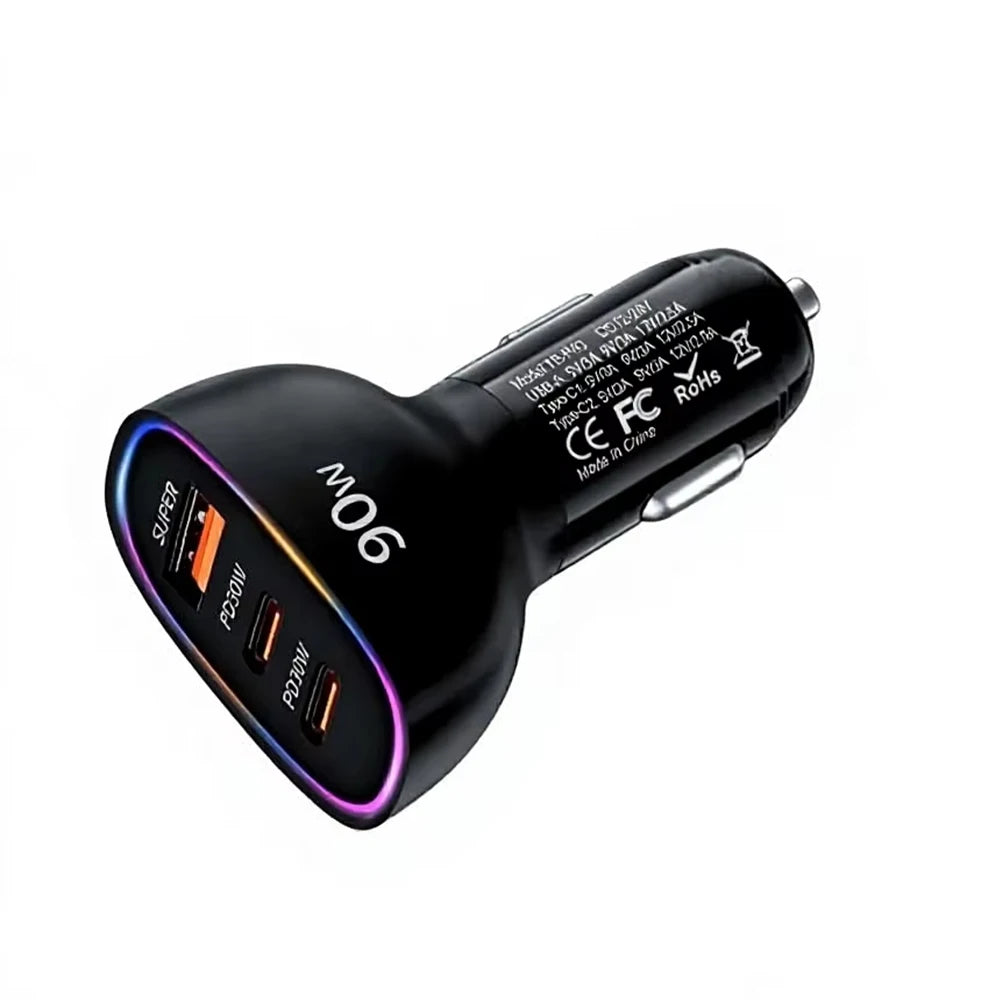90W USB C Car Charger Fast Charging Multi Port Dual PD 30W Type C USB A 30W Adapter for Laptop Phone MacBook PPS QC3.0 RGB LED
