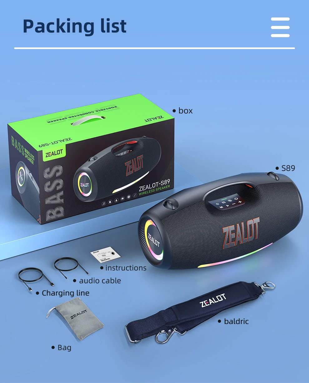 ZEALOT S89 Wireless Speaker 250W Portable Outdoor with RGB Color Lights Long 48000mAh Battery up to 8 Hours Playtime