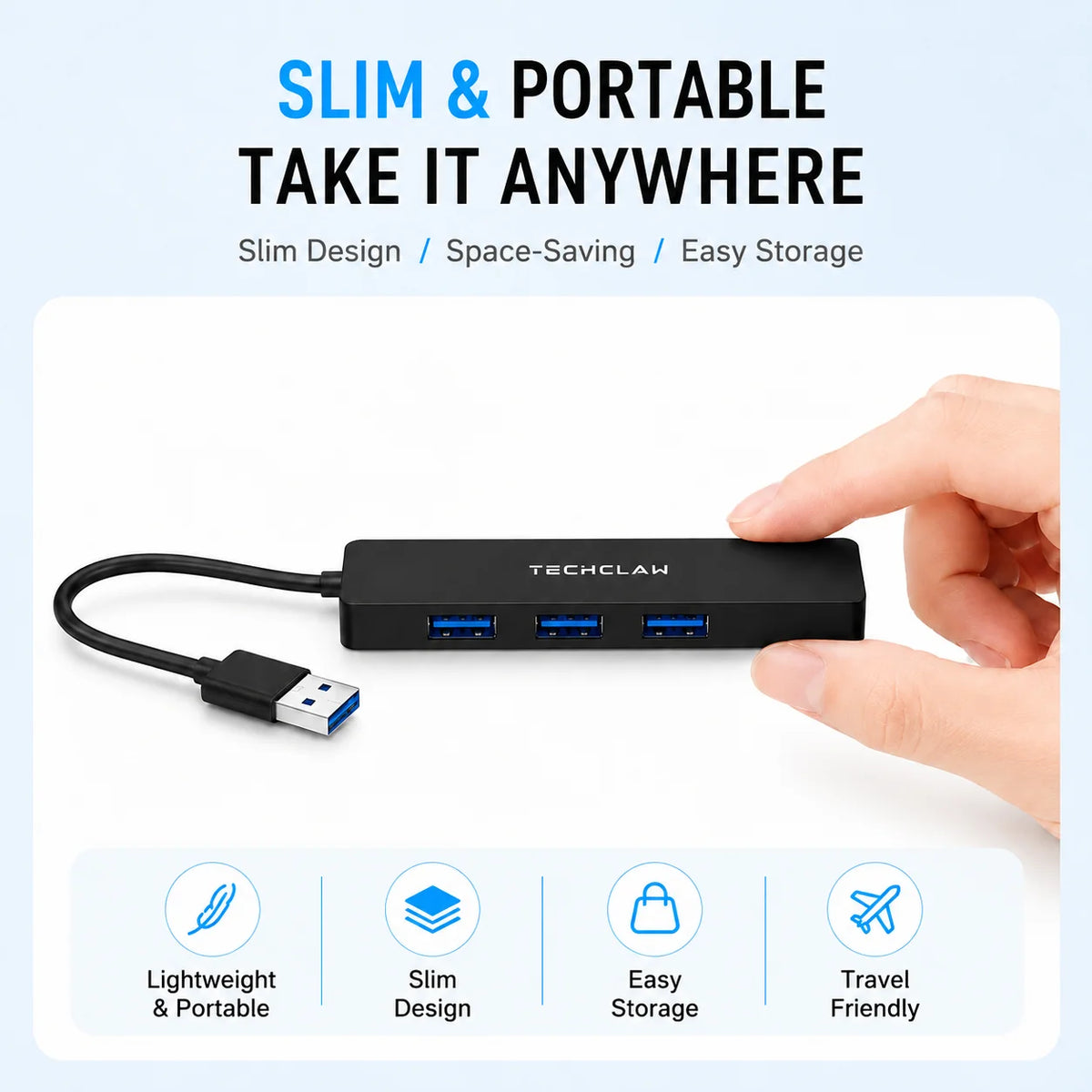 TECHCLAW USB 3.2 Hub 4 Ports USB-A Splitter 5Gbps High Speed USB Hub Adapter Portable Multi USB Expander for Laptop PC Computer