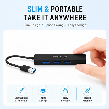 TECHCLAW USB 3.2 Hub 4 Ports USB-A Splitter 5Gbps High Speed USB Hub Adapter Portable Multi USB Expander for Laptop PC Computer