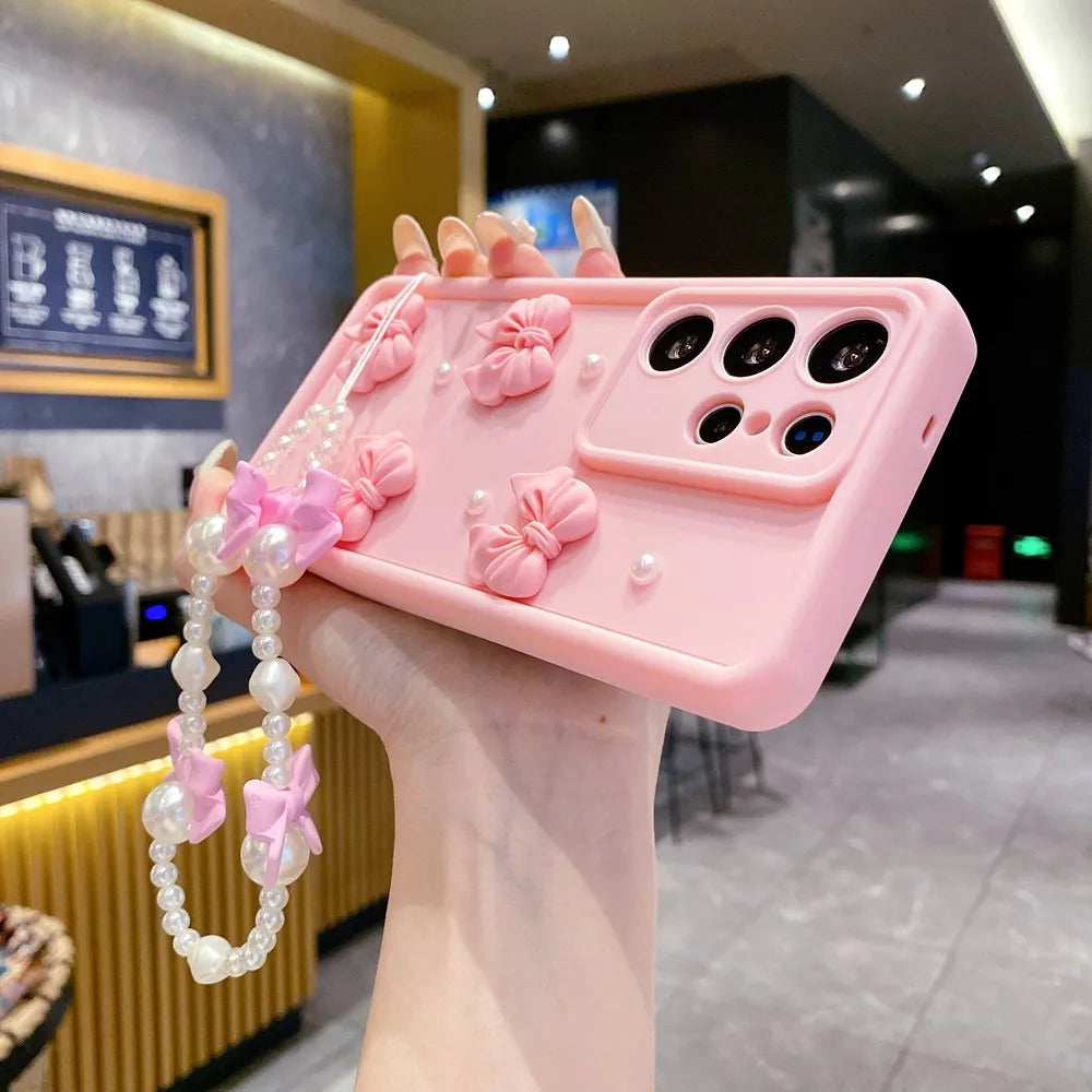 3D Pearl Pink Bow Lanyard Phone Case For Samsung Galaxy S25 S24 Ultra S23 S22 S21 Plus A53 A54 Bracelet Wrist Strap Soft Cover