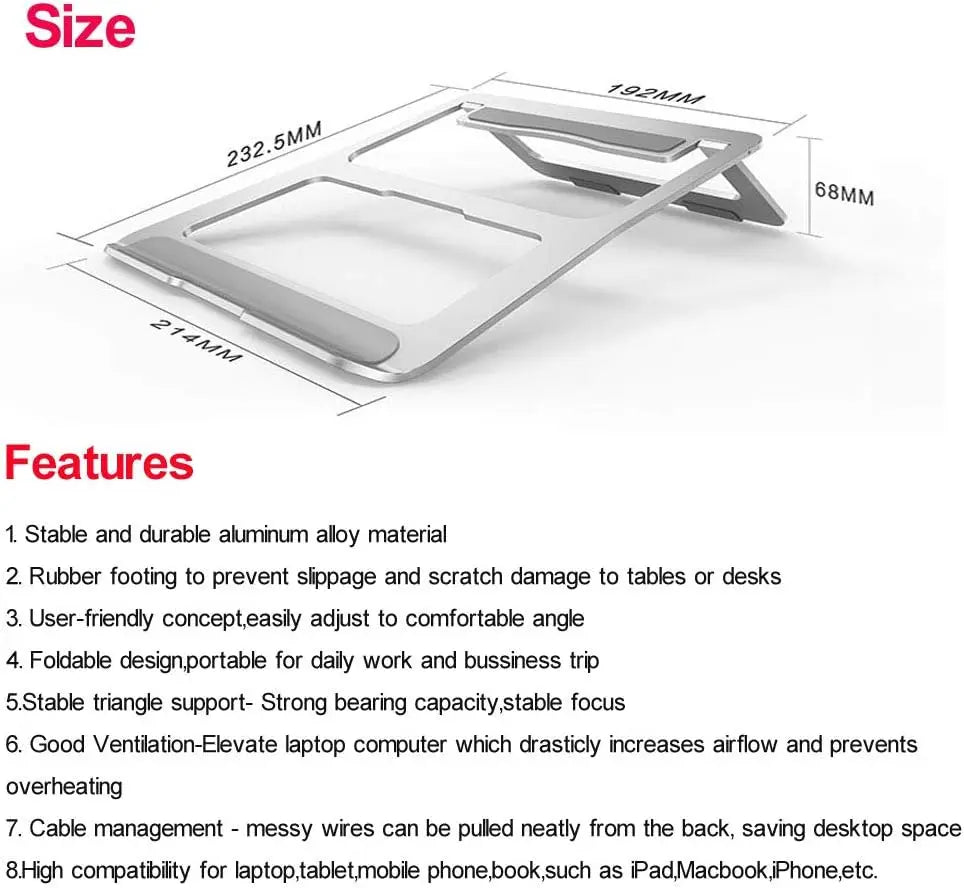 Ergonomic Aluminum Alloy Laptop Stand Foldable Adjustable Desktop Riser Cooler Bracket for 10-17 Inch MacBook Notebook PC Holder