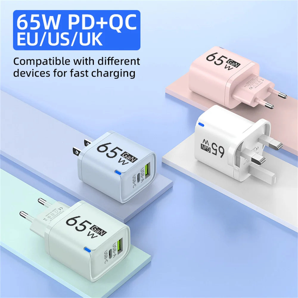 65W USB-C Fast Charger PD Type-C Dual Ports Mobile Phones Charging Adapter EU US UK Plug For iPhone Samsung Xiaomi