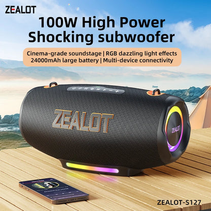 ZEALOT S127100W Powerful subwoofer Portable wireless speaker,24000mAh Battery,RGB Light,Great for Gift-Giving Birthday/Christmas