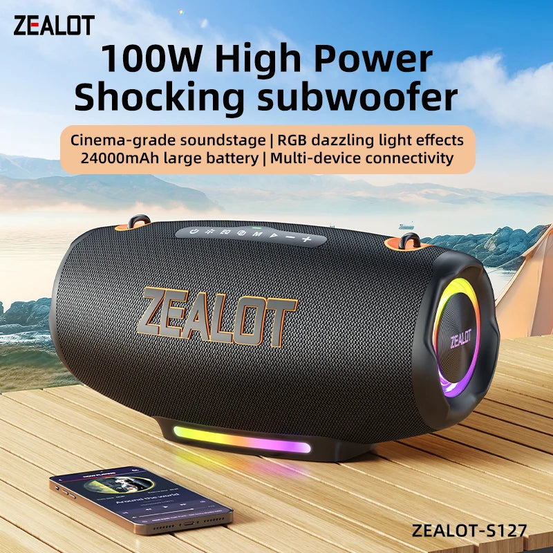 ZEALOT S127100W Powerful subwoofer Portable wireless speaker,24000mAh Battery,RGB Light,Great for Gift-Giving Birthday/Christmas