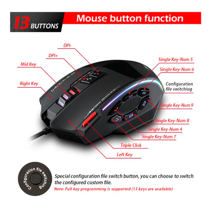 ZELOTES C13 Wired Mouse 10000DPI Programmable Gaming Mouse 13 Buttons RGB Light Laser Mouse for Gamer Computer PC Laptop