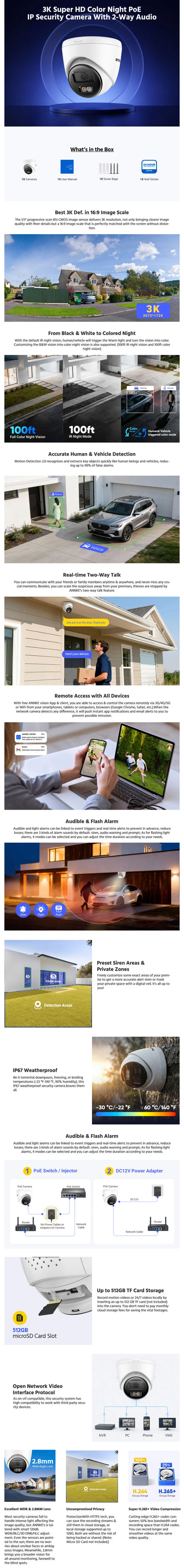 ANNKE Smart Home Security Camera 3K 5MP PoE Outdoor IR Night Vision EXIR Dome Cam with Person Vehicle Detection Audio Recording