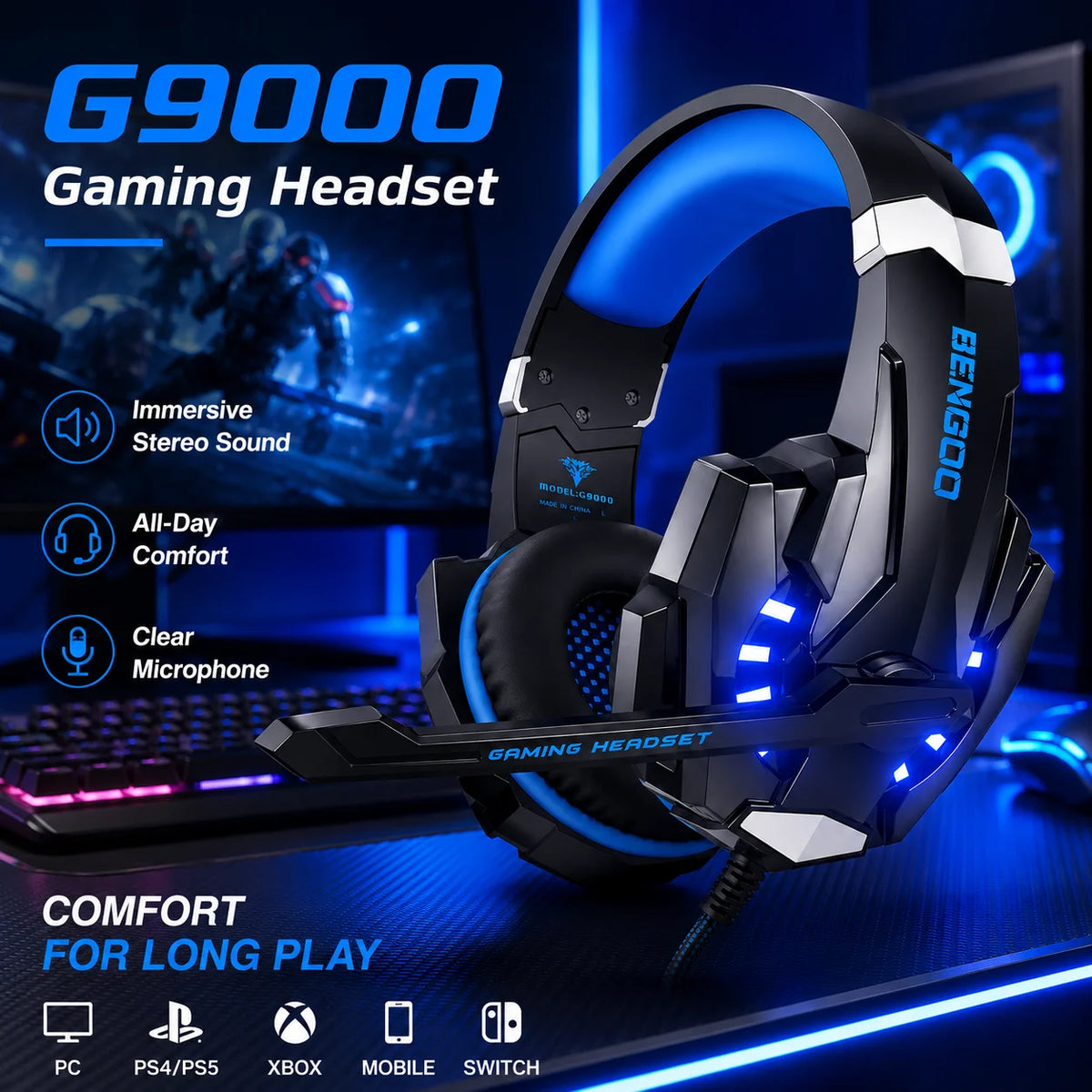 G9000 Wired Gaming Headset with Mic, Blue LED Stereo Over-Ear Headphones for PC PS4 PS5 Xbox Switch Laptop Mobile
