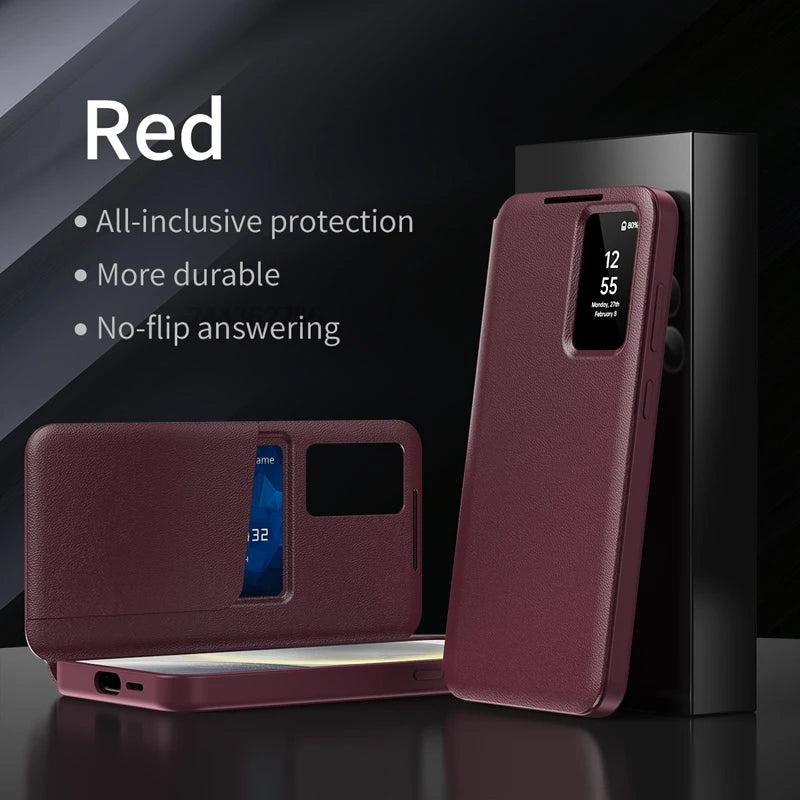 Premium Leather S-view LED Dispaly Window Leather Case For Samsung S26 Ultra S25 Edge S24 S23 S22 FE Plus A57/37 Card-slot Cover
