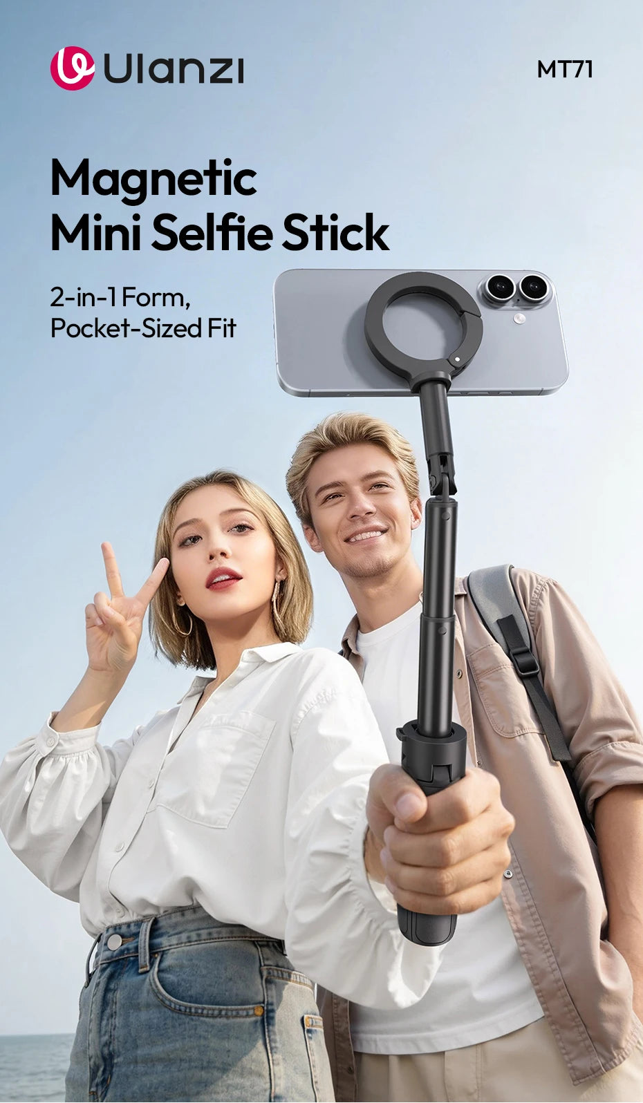 Ulanzi MT71 Magnetic Mini Selfie Stick Telescoping Pole Phone Handle Desktop Tripod for iPhone 17 16 15 14 Android for Travel