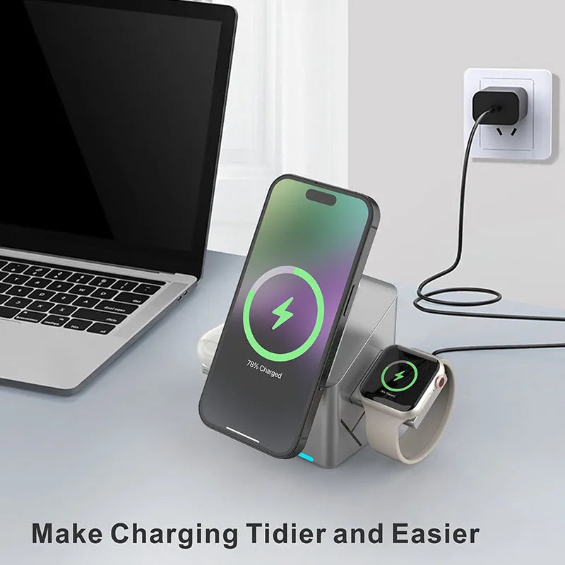 Rotating Qi2 3in1 15w Magnetic Wireless Charger Stand For iPhone 16 15 14 13 12 Max  iWatch Airpods Fast Charging Dock
