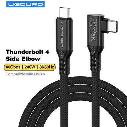 UGOURD Thunderbolt 4 Elbow USB4 Cable 40Gbps PD240W 8K@60Hz Type C to C 90 Degree Side Vertical Bend Braided Cable for SSD EGPU