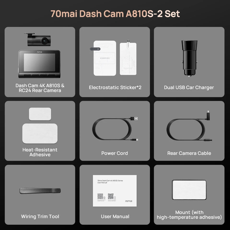 70mai A810S 4K Dash Cam IMX678 Dual HDR Supercapacitor 4G LTE Remote Control Wi-Fi 6 5GHz Voice Control GPS ADAS Car Camera