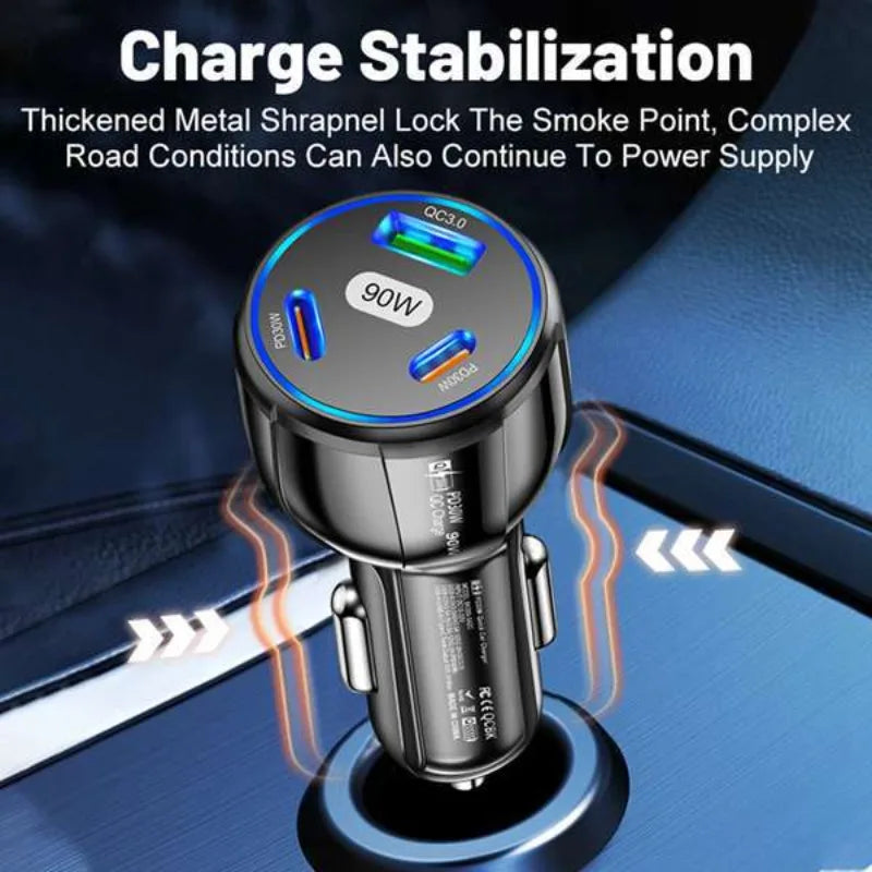 90W 3 Port Car Charger Super Fast Charger QC3.0 PD30W PPS High-Power Cigarette Lighter Fast Charger for iPhone/Huawei/Samsung
