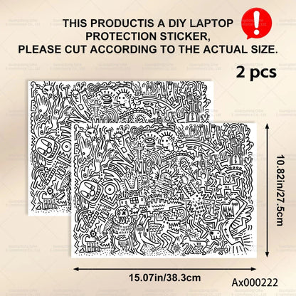 2Pcs Black White Doodle Laptop Skin, Waterproof Vinyl Graffiti Laptop Decal Art Stickers for MacBook HP Dell Universal Laptop