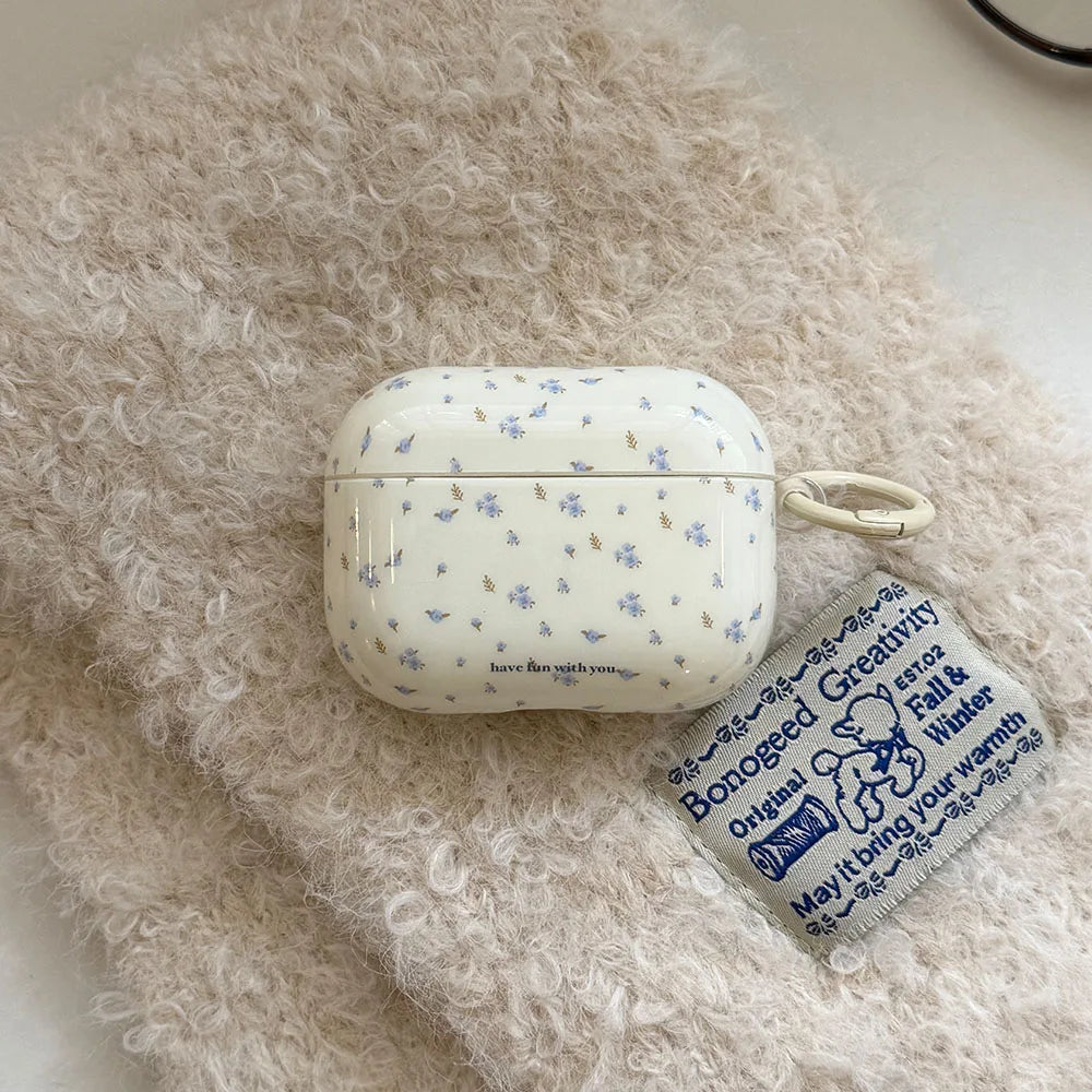 Korea Style Lovely Blue Flower Glossy Soft Silicone Earphone Case for Apple AirPods Pro 3nd Protective Cover for AirPods 4 Pro 2