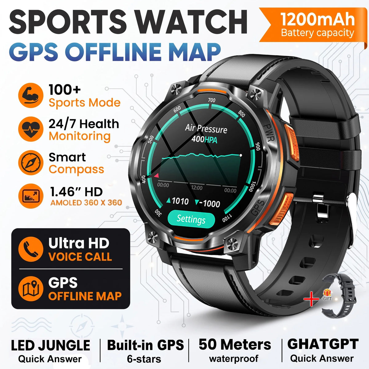 New Technology 2026 Offline Map GPS Smart Watch Men 1200mAh Battery Waterproof Compass Altimeter 100+Sports Military Smart Watch
