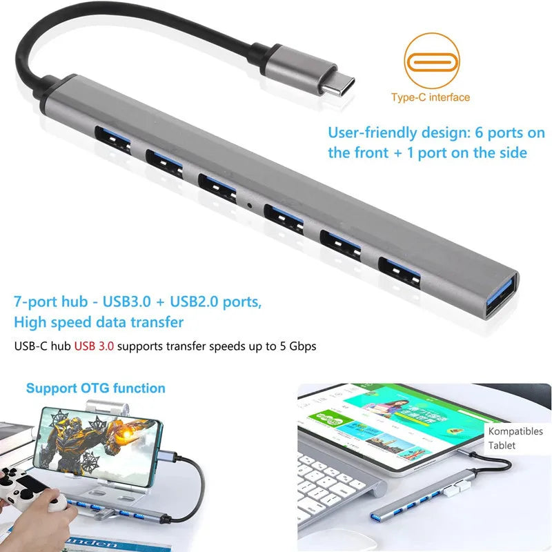 USB HUB Dock 3.0 7 Port USB 2.0 3.0 Hub Multi Splitter Adapter OTG Type C HUB For Lenovo HUAWEI Xiaomi Macbook Aluminum Alloy