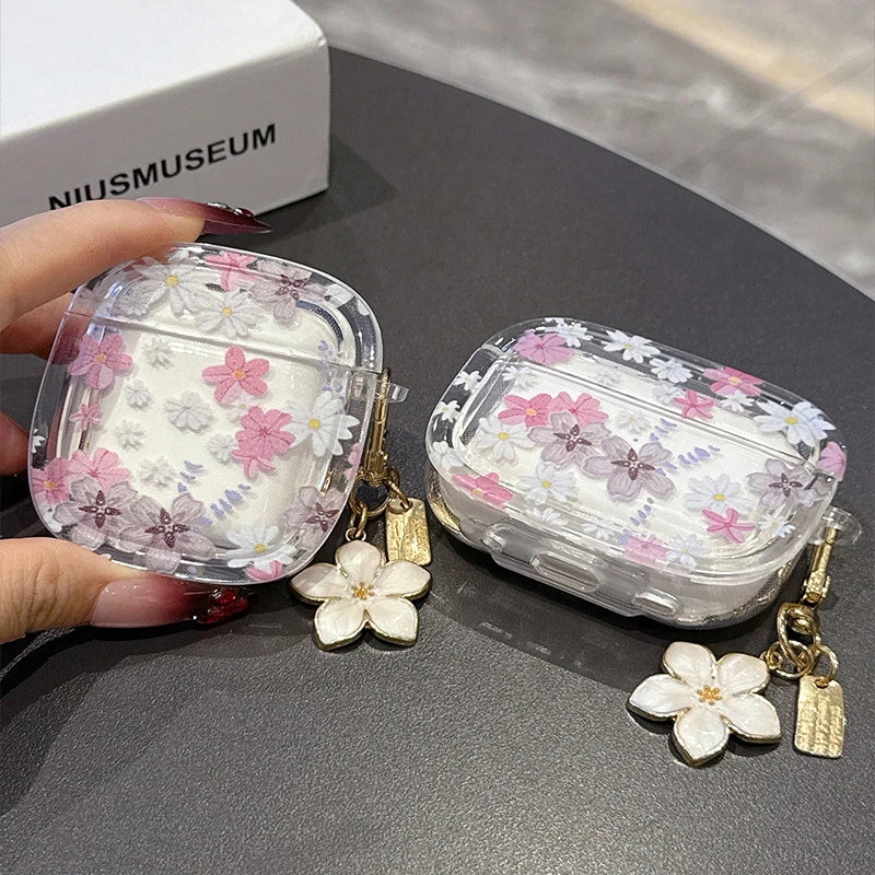 Pink Flowers Pattern Wireless Bluetooth Case for AirPods 4 3 1/2 AirPod Pro and Pro2 Case TPU  Headset Protective Cover with Hoo