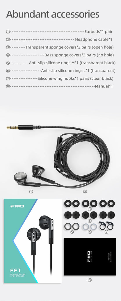FiiO FF1 3.5mm HIFI Music Wired Bass Earbud 14.2mm Dynamic HD Microphone Earphone for Gaming Meeting Video