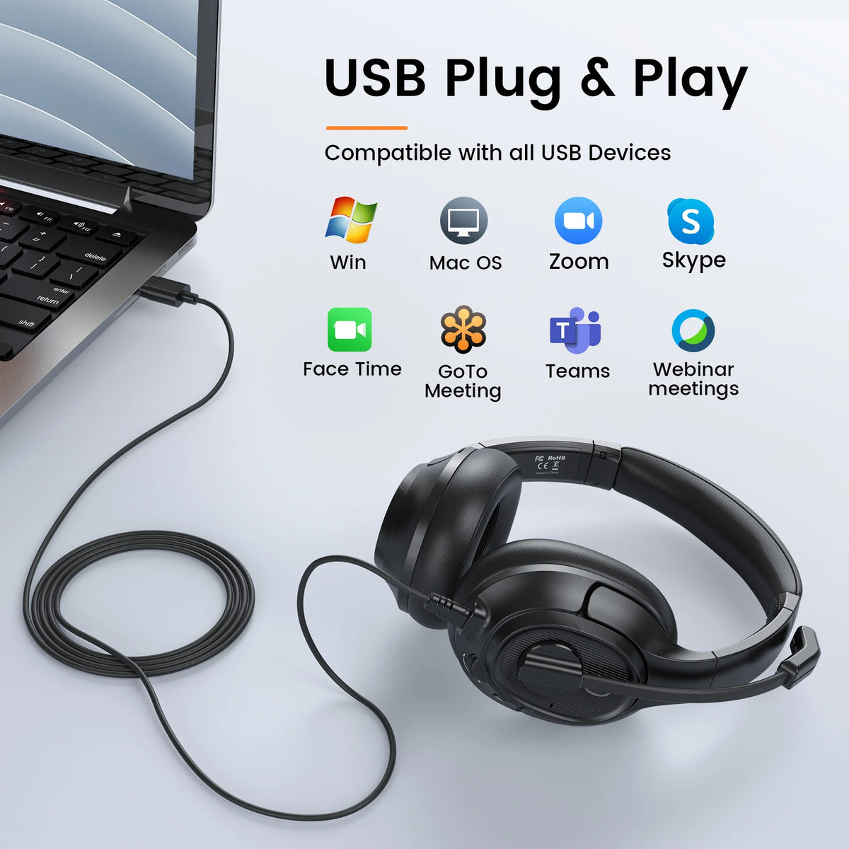 EKSA H2 Office Headset with Mic USB Wired Headphones ENC Noise Cancelling Over-Ear 40mm Mute Switch Volume Control Call Center