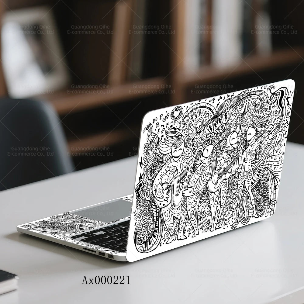 2Pcs Black White Doodle Laptop Skin, Waterproof Vinyl Graffiti Laptop Decal Art Stickers for MacBook HP Dell Universal Laptop