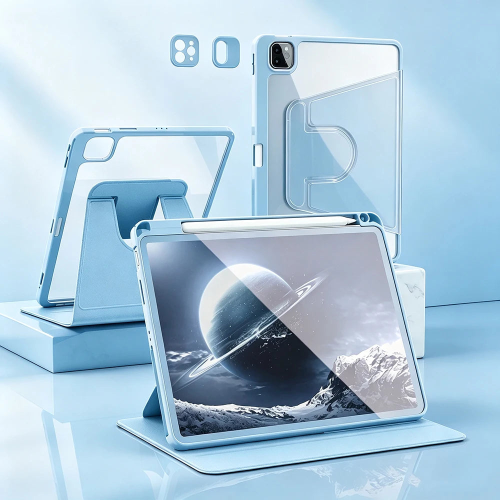 For iPad mini Air Pro 1 2 3 4 5 6 7 8 9 10 11 8.3 9.7 10.2 10.5 10.9 11 12.9 13 360 Degree Rotating Acrylic Case Auto Wake/Sleep