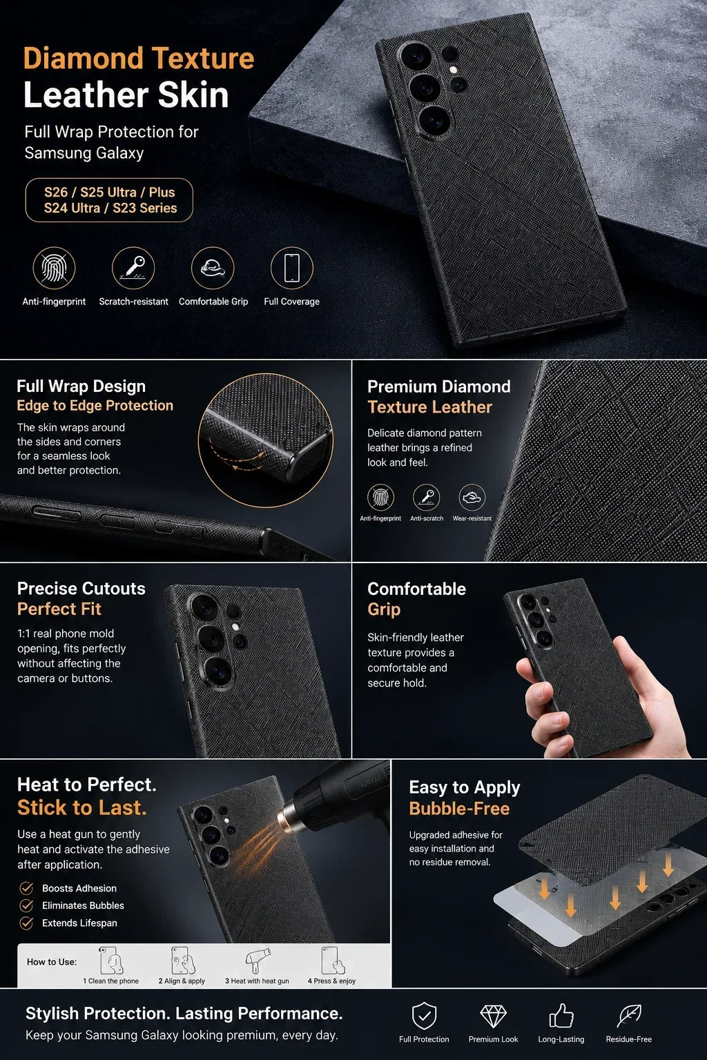 Full Wrap Faux Leather Back Skin for Samsung Galaxy S26 S25 Ultra Plus S24 S23 Anti Scratch Matte Slim Protective Film Cover